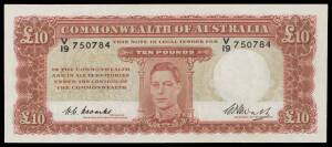 TEN POUNDS: KGVIÂ 1943 Â£10 Coombs/Watt,Â McDÂ #82,Â RÂ #60, serial 'V/19 750784', gVF.