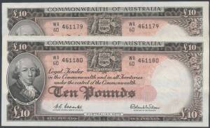 TEN POUNDS: QEII 1960 &Acirc;&pound;10 Coombs/Wilson, 'Reserve Bank', McD #86, R #63, pair with serials 'WA/60 461184-85', very feint traces of soiling on serial #84, gEF/aUnc.