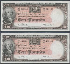 TEN POUNDS: QEII 1960 Â£10 Coombs/Wilson, 'Reserve Bank', McD #86, R #63, pair with serials 'WA/60 461179-80', light soiling on reverse of note serial #79, aEF.