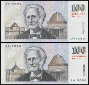 ONE HUNDRED DOLLARS:&Acirc;&nbsp;$100 Specimen pair presented to H. C. "Nuggett" Coombs, 1984 Johnston/Stone R#SP28, overprinted 'SPECIMEN' in red at right and left on front, reverse 'SPECIMEN / No. 0020' or '0520' serials 'ZAA 000000', with accompanying letter in&Acirc;&nbsp;