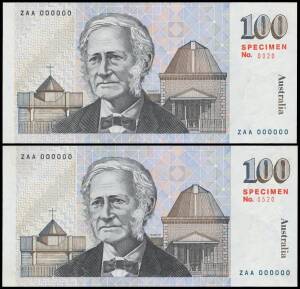 ONE HUNDRED DOLLARS:Â $100 Specimen pair presented to H. C. "Nuggett" Coombs, 1984 Johnston/Stone R#SP28, overprinted 'SPECIMEN' in red at right and left on front, reverse 'SPECIMEN / No. 0020' or '0520' serials 'ZAA 000000', with accompanying letter inÂ 