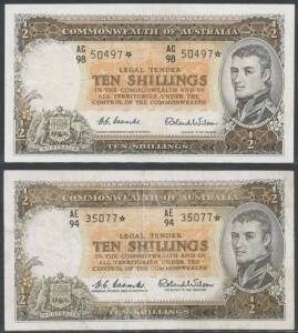 TEN SHILLINGS: 10/- Flinders Star Note, Coombs/WilsonÂ 'Commonwealth Bank', McD #24s, serialÂ 'AC/98 50497*', VF, and 'Reserve Bank, 'AE/94 35077*', two vertical folds, Fine.