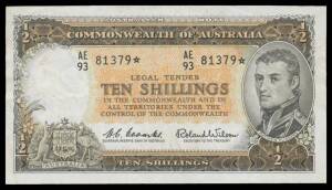 TEN SHILLINGS: 10/- Flinders Star Note,Â Coombs/Wilson, McDonald #25as, Renniks #17SF, Reserve Bank Issue, First Prefix, serial 'AE93 81379*', gVF.
