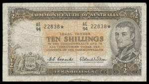 TEN SHILLINGS: 10/- Star Note,Â Coombs/Wilson, McDonald #25s, Renniks #17S,Â Reserve BankÂ Issue, serial 'AE94 22838*', Good.