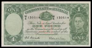 ONE POUND STAR NOTE:&Acirc;&nbsp; KGVI &Acirc;&pound;1 Star Note 1952 Coombs/Wilson, McD #49s, serial 'W/4 13051*', repair at base not detracting from appearance, gF.