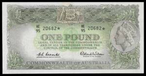 ONE POUND STAR NOTE:Â QEII Â£1Â Coombs/WilsonÂ trio McD #52s, serials 'HE/85 97918*', 'HE/89 34346*' and 'HE/95 20682*, some small repairs, Fine to gF.