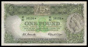 ONE POUND STAR NOTE: QEII &Acirc;&nbsp;&Acirc;&pound;1 Star Note,&Acirc;&nbsp;Coombs/Wilson,&Acirc;&nbsp;McD #52s, R#34Sb,&Acirc;&nbsp;Reserve Bank&Acirc;&nbsp;Issue, serial 'HE/82 38106*, VG.&Acirc;&nbsp;