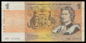 ONE DOLLAR STAR NOTE: 1967 $1 Star Note,&Acirc;&nbsp;Coombs/Randall,&Acirc;&nbsp; McD #102s, R #72s, serial 'ZAG 15248*', Good.&Acirc;&nbsp;