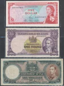 BRITISH COMMONWEALTH:Â Useful group including QEII 'East Caribbean Currency Board' $1 run of 4;Â Ceylon 1945 1 Rupee; Fiji KGVI 1951 5/-, KM #37k; GB 10/- P.S. Beale, KM #368b;Â Malaya & British Borneo 1941 & 59 $1, 1961 $10, KM #9a; New Zealand Â£1 Flemm