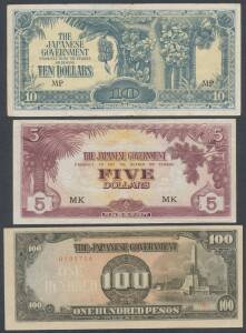 JAPAN: Japanese Invasion Money: Borneo 1c & 5 Rupees, Malaysia 1c to $10, OceaniaÂ Â½ Shilling, Phillipines 1c, 5c, 5 pesos, 10 pesos, 100 pesos x2 and 1000 pesos, not checked for forged allied government issues.