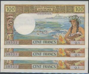 NEW CALEDONIA / NOUMEA:Â 1969 (ND) 100 Francs, KM #59 without French overprint,Â x3 sequential, gVF, and two singles one heavily circulated.