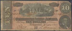 UNITED STATES:Â 1864 $10 (7th issue), 'CONFEDERATE STATES', P #68, Artillery horsemen pulling cannon at centre, black manuscript serial '74834' at left and right above 'RICHMOND February 17th 1864', M. T. Hunter lower left, printed by 'Keatinge & Ball, Co