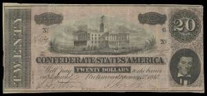 UNITED STATES: 1864 $20 (7th issue), 'CONFEDERATE STATES', P #69, Capital at Nashville at centre, black manuscript serial '16481' at left and right above 'RICHMOND February 17th 1864', A. H Stephens lower right, printed by 'Keatinge & Ball, Columbia S.C.'