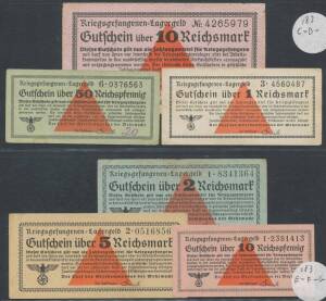 WWII POW - KRIEGSEFANGENEN LAGERGELD, 1939-45, 1pf 2pf 5pf Â 10pf 50pf, 1rm & 10rm, General issue, condition varied, VG-VF.