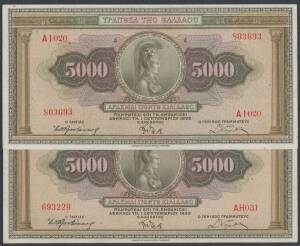 BANK OF GREECE: 1928 3rd Provisional Issue 1000d, 1932 500d & 5000d (2), 1935 50d 100d & 1000d,Â Pick # 100-106, German/Italian Occupation Inflation Issues 1941 1000d, 5000d P #118-9, 1943 50d - 25,000d, P #121-123, 1944 100,000d & 1,000,000d, condition v