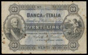 BRADBURY WILKINSONÂ printers example, 'BANCA D'ITALIA', 20 Lira (151 x 98mm) uniface, black on blue underprint, 'DISEGNATORI, INCISORI I STAMPATORI / di Biglietti di Banca' (Designers, Engravers and Printers of Banknotes), cherub plowing field within oval