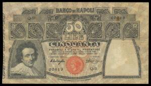 NAPLES:&Acirc;&nbsp;BANCO DI NAPOLI, 50L Miraglia/Mancini&Acirc;&nbsp;23.02.1911, Alfa #BNAP.213, some pin holes, VF.