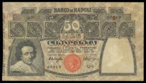 NAPLES:Â BANCO DI NAPOLI, 50L Miraglia/ManciniÂ 23.02.1911, Alfa #BNAP.213, some pin holes, VF.