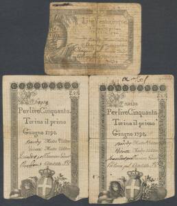 TORINO, 1794 25L 1.10.1794 (92 x 69mm) black on cream laid paper U #RGFT.13, repaired centre tear and 1794 50L (81 x 115mm) black on cream watermarked paper, U #RGFT.26 (2) VG.