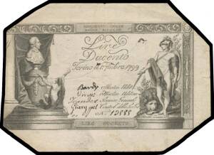 TORINO, 1794 100L 15.5.1794 (131 x 93mm) black on cream laid paper U #RGFT.47, VG and 1799 200L (150 x 109mm) black on cream watermarked paper, Pick #S133, U #RGFT.57, bust on pedestal, embossed eagle in oval at left, standing mercury at right, manuscript