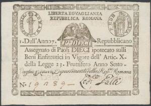 ROMANA:Â Assegnati, 1798 10 Paoli, black on laid watermarked paper, manuscript serial 'N. 191189', P #S540c Value in square on back, Unc.