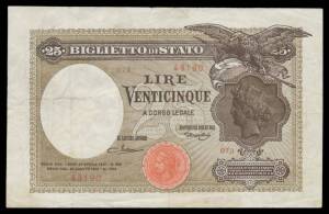 -Â BIGLIETTI DI STATO, 25 Lira, '20.08.1923' Maltese/Rossolini, Alfa #BI.105 (R3), Pick #24a, creases, folds, tears top & base, Fine.