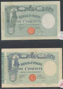 VITTORIO EMANUELE III, BANCA D'ITALIA,Â 50 Lira, '21.03.1934'Â Azzolini/Cima, Alfa #BI.188, Pick #47, '31.03.1943'Â Azzolini/Â Urbini, (2) A #200, P #64,Â and '08.10.1943', A #205, P #65, condition varied, quarter-folds on all four notes, gF-VF.