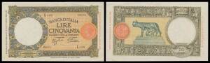 VITTORIO EMANUELE III, BANCA D'ITALIA, 50 Lira, circulated groupÂ Assolini/CimaÂ (2)Â includingÂ '30.04.1936' A #BI.232;Â Assolini/UrbiniÂ (8) including '08.10.1943' A #BI.258, condition varied.