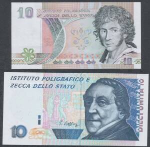 INSTITUTO POLIGRAFICO E ZECCA DELLO STATO, (State Mint & Polygraphic Institute) 1) 'DIECI UNITA 10' (131mm X 66mm), portrait G.Rossini, and 2) '10' (117mm x 60mm) portrait Ugo Foscolo, examples of security printing with various anti-forgery devices includ