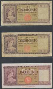 500 Lira group including&Acirc;&nbsp;Carli/Ripa 23.03.1961, Alfa# BI.546, (small repair at base),&Acirc;&nbsp;Miconi/Canfora/Berti 23.041975 #BI.553 (centrefold), plus Replacement Note Viaggio/Gubbio/Marecsa&Acirc;&nbsp;23.02.1970 serial 'W04 545625', #BI.552sp (EF), condition varied.&Acirc;&nbsp;