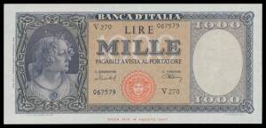 1000 Lira 1947-61 group withÂ Einaudi/Urbini 20.03.47 through to Carli/Ripa 25.09.1961, Â #BI.695-699,Â plusÂ 24.12.1948 Replacement note (20.03.47) serial 'W314 052953' #BI.690sp (R4),Â condition varied.