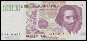 50,000L 1984-99 Bernini complete signature and dates run withÂ Type I,Â Ciampi/StevaniÂ andÂ Ciampi/Speziali,Â Alfa #BI.901-905, Pick #113a-c, noted 06.03.1992 serial 'BE 677047', andÂ Ciampi/Stevani 21.01.1991Â Replacement Note 'XC 183598 A', thenÂ Type 