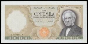 100,000L Manzoni, Carli/Febraio 03.07.1967, Alfa #BI.910, 6mm repaired tear at top, pressed and&Acirc;&nbsp;Carli/Lombardo 19.07.1970, #BI.911,&Acirc;&nbsp;flourescent fibre paper, Pick #100a & b,&Acirc;&nbsp;crisp note with light vertical folds not detracting from appearance, gVF.
