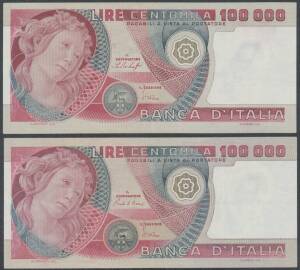 100,000L Botticelli,Â Baffi/Stevani 20.06.78, 'TA 461983 A', and Ciampi/Stevani 01.07.1980, 'KA 078635 M', Alfa #BI.916-7, Pick #108a&b, both with light vertical folds, gVF.