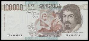 100,000L Caravaggio, 1983-93&Acirc;&nbsp;Type I complete signature and date run with&Acirc;&nbsp;Ciampi/Stevani&Acirc;&nbsp;including 1986 prefix 'FC' pair and&Acirc;&nbsp;Ciampi/Speziali with prefix 'BD' pair,&Acirc;&nbsp;Alfa #BI.925-30, Pick #110a&b, also Replacement Note serial 'XD 434086 A', condition aU