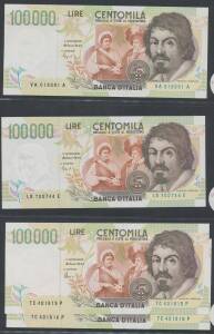100,000L Caravaggio, 1994-98 Type II complete signature and date run,&Acirc;&nbsp;Fazio/Speziali&Acirc;&nbsp;and&Acirc;&nbsp;Fazio/Amici,&Acirc;&nbsp;(including prefix 'TC' pair), &Acirc;&nbsp;Alfa #BI.931-35, Pick #117a&b plus&Acirc;&nbsp;Replacement Note, #BI.934sp, serial 'XD 224179 A', Unc.