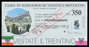 Miniassegni (mini-cheques), 50L to 350LÂ collection in Hagners, some more unusual items noted including Casa Di Risparmio Di Trento E RoveretoÂ  Mountain Views 100L to 350L overprinted 'SPECIMEN' set of 6, and Cassa Rurale di Levico <Trento> 100L to 350L 