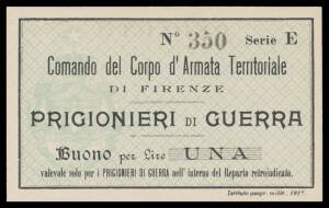POW / INTERNMENT CAMPS: FIRENZE WWI 1917 5c 10c 25c and 1Lira, Campbell #5635-5638,&Acirc;&nbsp;'Comando del Corpo d'Armata Territoriale', rev. 'REPARTO DEI PRIGIONIERI DI GUERRA di......', all aUnc/Unc.