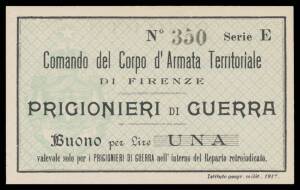 POW / INTERNMENT CAMPS: FIRENZE WWI 1917 5c 10c 25c and 1Lira, Campbell #5635-5638,Â 'Comando del Corpo d'Armata Territoriale', rev. 'REPARTO DEI PRIGIONIERI DI GUERRA di......', all aUnc/Unc.