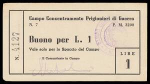 POW / INTERNMENT CAMPS: Camp P.G. 7, WWII 0.5L to 5L, (123 x 67mm), Campbell #5795-98, uniface black on cream card, 'CAMPO DI CONCENTRAMENTO PRIGIONERI DI GVERRA / N.7 P.M. 3200', serial # at left', mauve circular stamp at right, 'Il Comandante in Campo' 