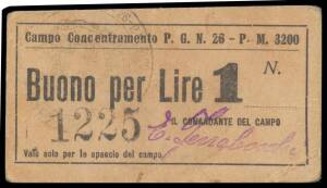 POW / INTERNMENT CAMPS: CORTEMAGGIORI, CAMP 26, 1 Lira (78mm x 44mm), black on buff card, Campbell #5882, 'CAMPO CONCENTRAMENTO P.G.N. 26 - P.M. 3200 / BUONO PER LIRE 1', black circular camp handstamp, serial '1225' Comandant handstamp signature in blue i