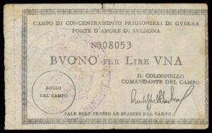 POW / INTERNMENT CAMPS:Â SVLMONA, WWII 1 Lira, (80 x 50mm), Campbell #6322, uniface black on white paper, 'CAMPO DI CONCENTRAMENTO PRIGIONERI DI GVERRA FONTE D'AMORE SVLMONA', serial 'N008053', roulette perforation at left, circular camp stamp in mauve, c