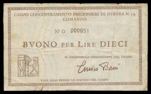 POW / INTERNMENT CAMPS: SERVIGLIANO,Â WWII 10 Lira, (106 x 64mm), uniface brown on white watermarked paper, (Cambell only lists the 5 Lira #6032), 'CAMPO DI CONCENTRAMENTO PRIGIONERI DI GVERRA No.59', serial 'No. D 000051', 'BVONO PER LIRE DIECI / IL COLO