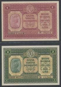 OCCUPATION ISSUES - AUSTRIAN OCCUPATION OF VENETO: CASSA VENETA DEI PRESTITI, 02.01.1918, 5c to 100 Lira, Alfa #CAVE.10-24, Pick #M1-8, some duplicates, condition varied (the 100L with a corner crease and centre fold).