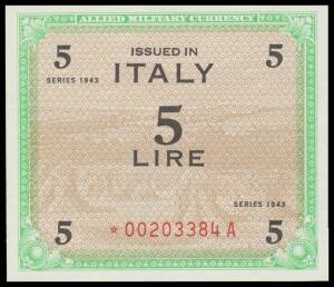 OCCUPATION ISSUES - USA,Â 1943 'ALLIED MILITARY CURRENCY' 1L to 100L, Pick #M10-15, noted 5L Star Replacement Note, Alfa #AMLI.1108, 100L BEPÂ (no 'F') andÂ FLCÂ ('F') printings, U #AMLI.1115-16 (Unc), condition varied.