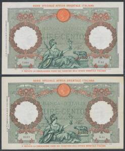 ITALIAN EAST AFRICA:Â 1938-39 'SERIE SPECIALE AFRICA ORIENTALE ITALIANA' overprints in red, 1939 50L P #1b VG, 100L 1938Â P #2a and 1939 P #2b both with quarter folds, aVF.