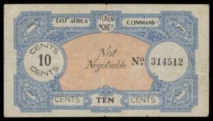 ITALIAN SOMALILAND:Â POW,Â WWII 10 cents, 'East Africa Command / Token Money' blue / rose, Alfa #ESTA.10 (R2), serial 'No. 314512', strong centrefold, VG.