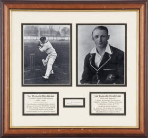 DON BRADMAN, display comprising signature on piece, window mounted with two photographs, framed & glazed, overall 46x43cm. With Report by Forensic Document Examiner.