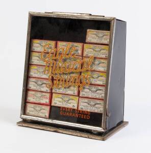 GRETSCH, vintage glass front store display stand, "Eagle Musical Strings", containing packets of stings for guitar, banjo (4) & violin (12).