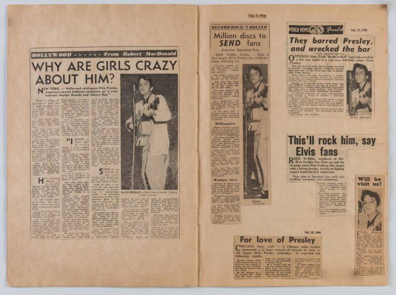 1956 "Olympic Scrap Book" with beautifully presented Rock'n'Roll press cuttings with original signatures of Bill Haley and His Comets, The Platters & Freddie Bell and the Bellboys during their visits to Australia; plus a range of 1956 Elvis Presley press